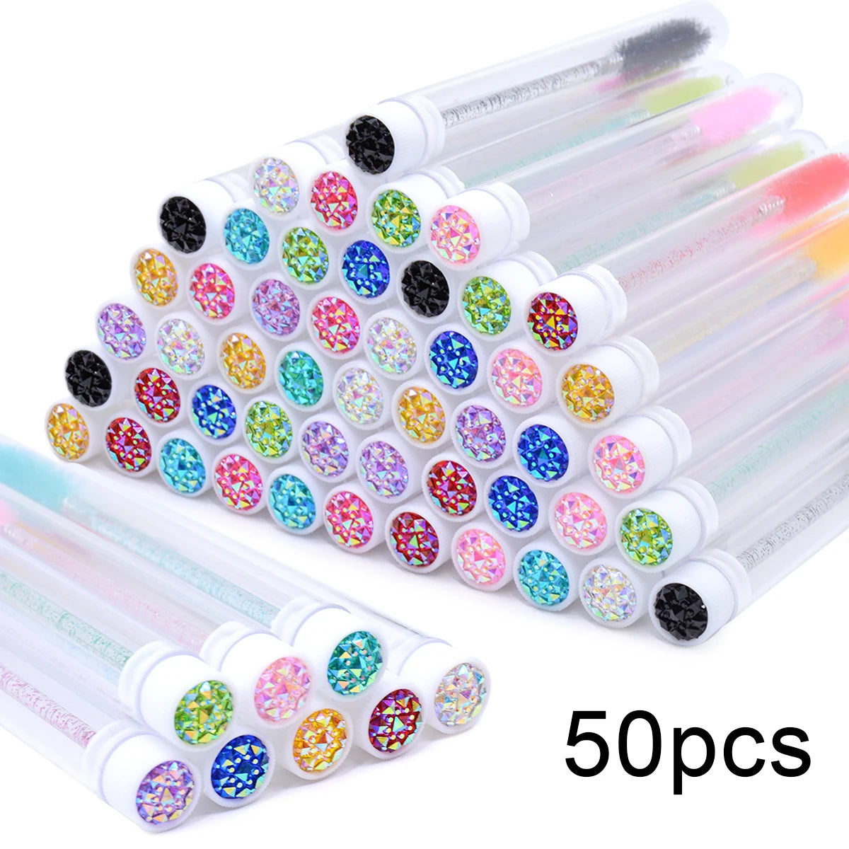 50Pcs Eyelash Brush Tubes with Crystal Lash Mascara Wands Eyebrow Comb Spoolies Container Lash Brush Applicators Makeup Tools